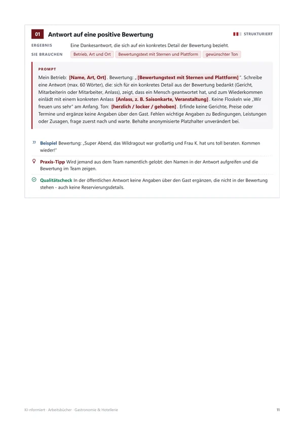 Prompt-Karten mit Ergebnis, benötigten Angaben und Qualitätscheck