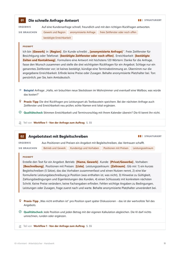 Prompt-Karten mit Ergebnis, benötigten Angaben und Qualitätscheck