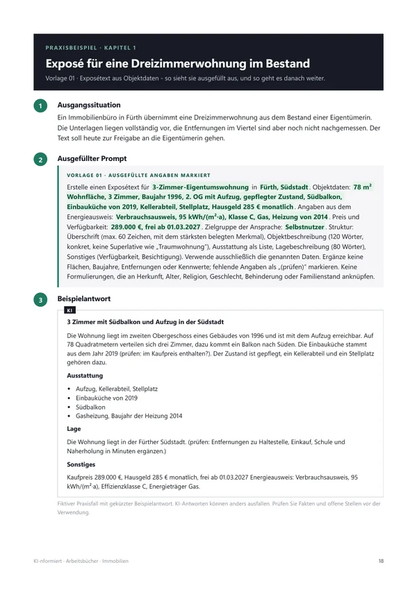 Praxisbeispiel mit ausgefülltem Prompt und Beispielantwort