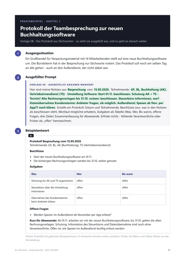 Praxisbeispiel mit ausgefülltem Prompt und Beispielantwort
