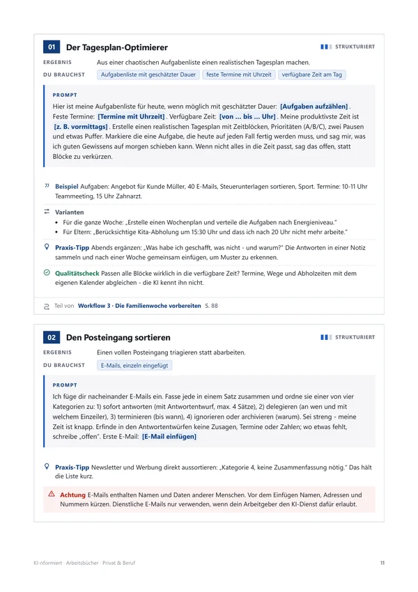 Prompt-Karten mit Ergebnis, benötigten Angaben und Qualitätscheck