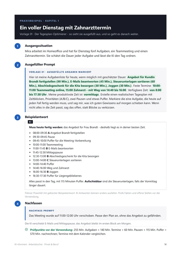 Praxisbeispiel mit ausgefülltem Prompt und Beispielantwort