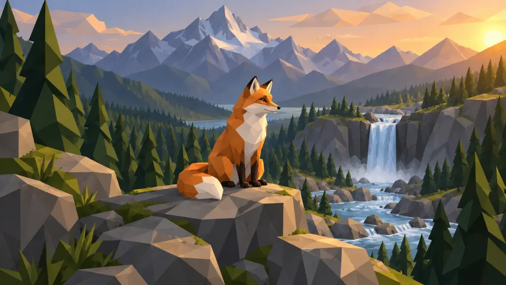 Orangefarbener facettierter Fuchs mit heller Brust und buschigem Schwanz sitzt vor dunklem Nadelwald, graublauen Bergen und einem Wasserfall mit Bach im Abendlicht.