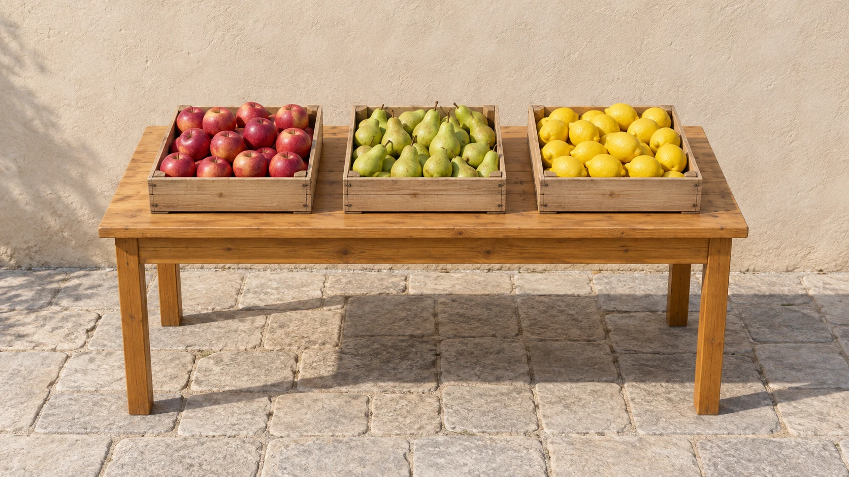 Fiktiver Marktstand: drei Holzkisten mit roten Äpfeln links, grünen Birnen mittig und gelben Zitronen rechts auf einem Holztisch.