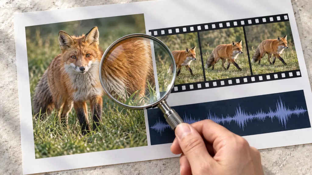 Eine Hand hält eine Lupe über einen Kontaktbogen mit Fuchsfoto, Filmsequenz und Audiospur.