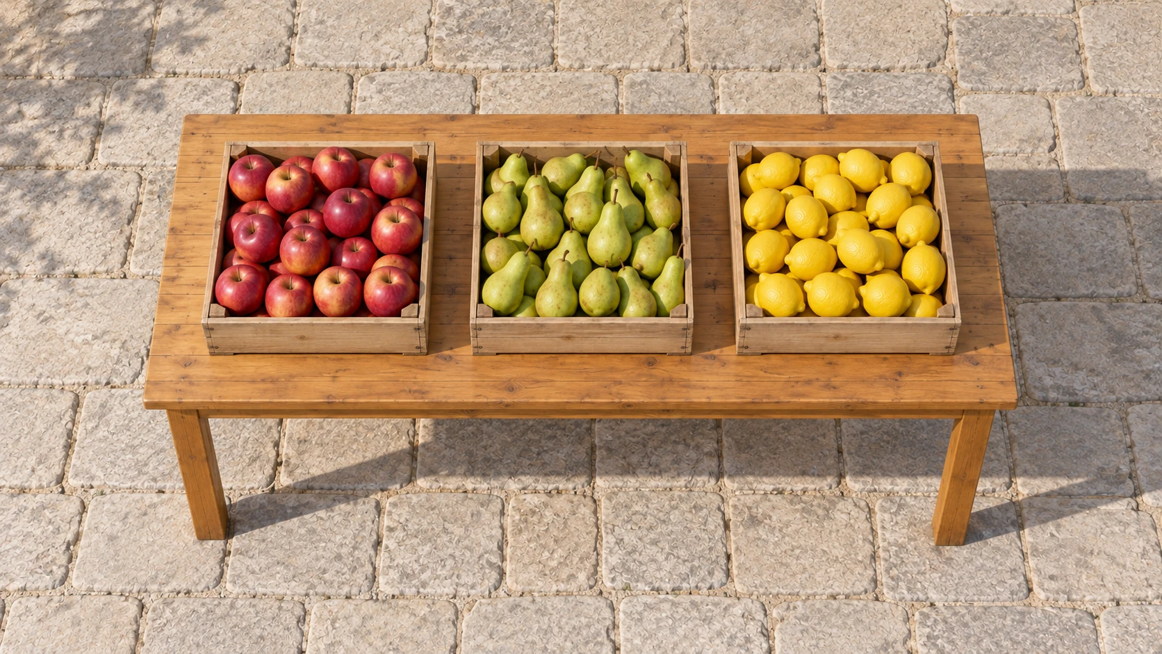 Hohe Aufsicht auf den Marktstand: offene Obstkisten und Tischoberseite sind groß sichtbar, dahinter und daneben liegt Steinpflaster.