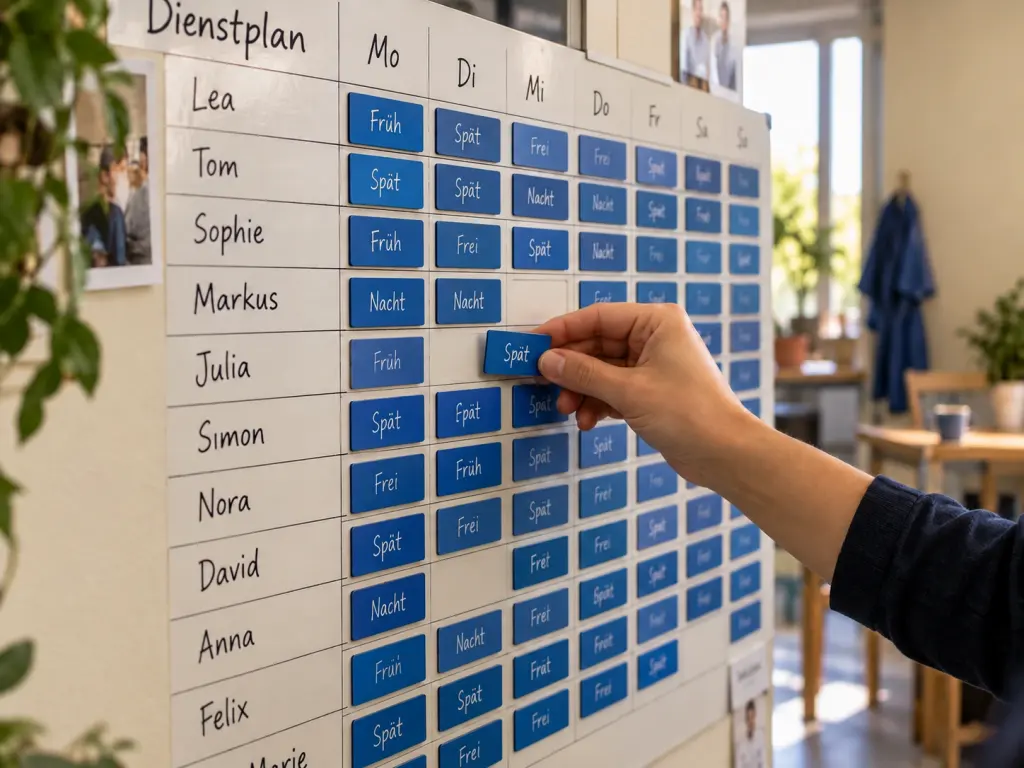 Eine Hand setzt eine blaue Schichtkarte an eine magnetische Dienstplanwand mit Wochenraster.