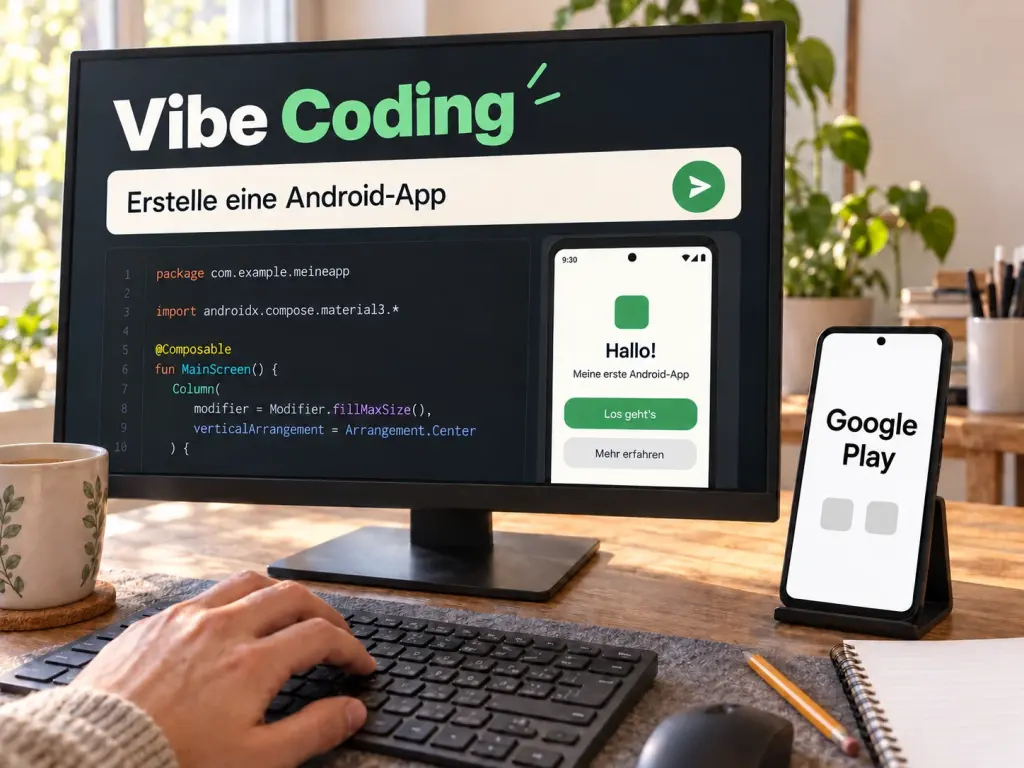 Monitor mit Vibe Coding, dem Prompt Erstelle eine Android-App, Code und einer App-Vorschau. Daneben steht ein Smartphone mit der Bezeichnung Google Play.