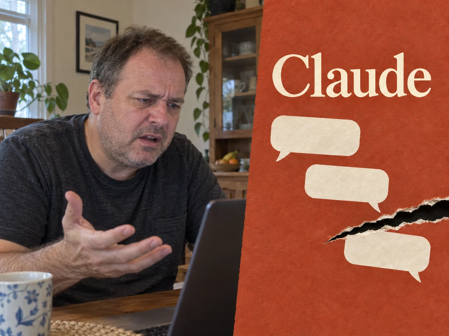 Angespannter Alltagsnutzer am Notebook neben einer terrakottafarbenen Fläche mit der Bezeichnung Claude. Eine eingerissene Stelle unterbricht drei helle Sprechblasen.