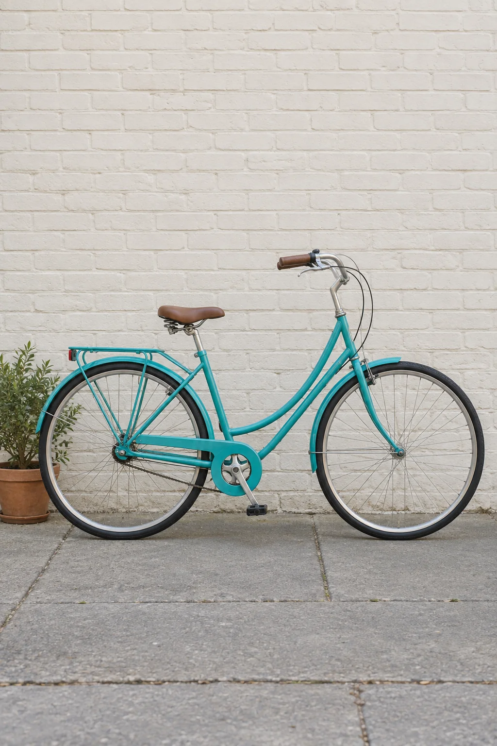 Türkisfarbenes Fahrrad mit braunem Sattel vor einer hellen Backsteinwand im Hochformat.