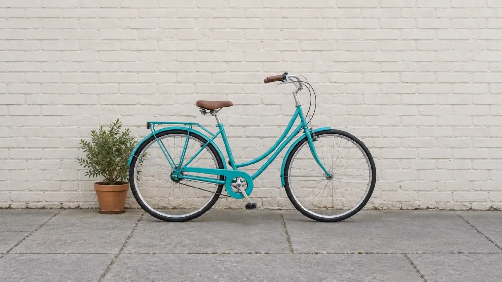 Türkisfarbenes Fahrrad und Pflanztopf vor einer seitlich erweiterten Backsteinwand im Querformat.