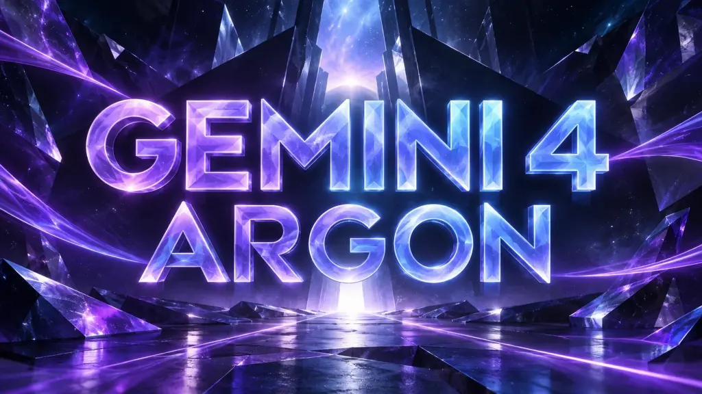 Große leuchtende Modellbezeichnung Gemini 4 Argon in einer violettblauen geometrischen Lichtkomposition.