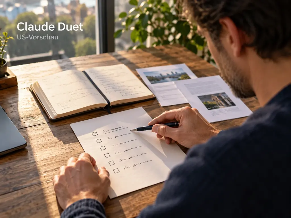 Claude Duet – US-Vorschau: Eine Person prüft mit einem Stift eine Aufgabenliste neben Kalender und Unterlagen.