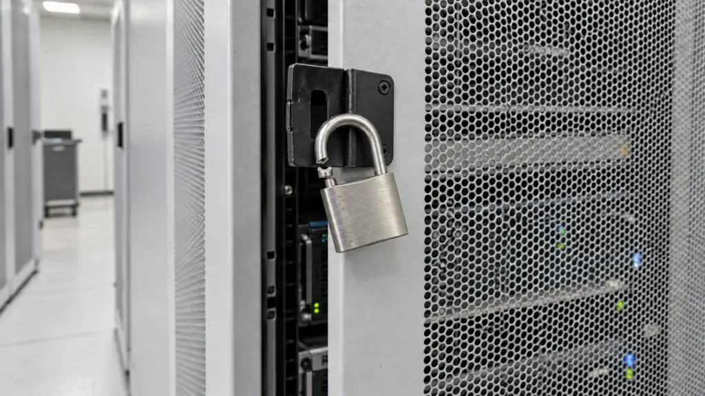 Symbolbild: Serverrack mit zerbrochenem Vorhängeschloss.
