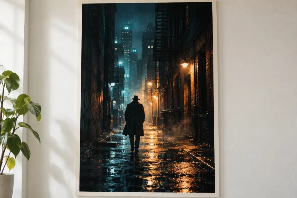 Fotografisch präsentierter Thriller-Posterentwurf mit einer Figur in einer regennassen Nachtgasse.