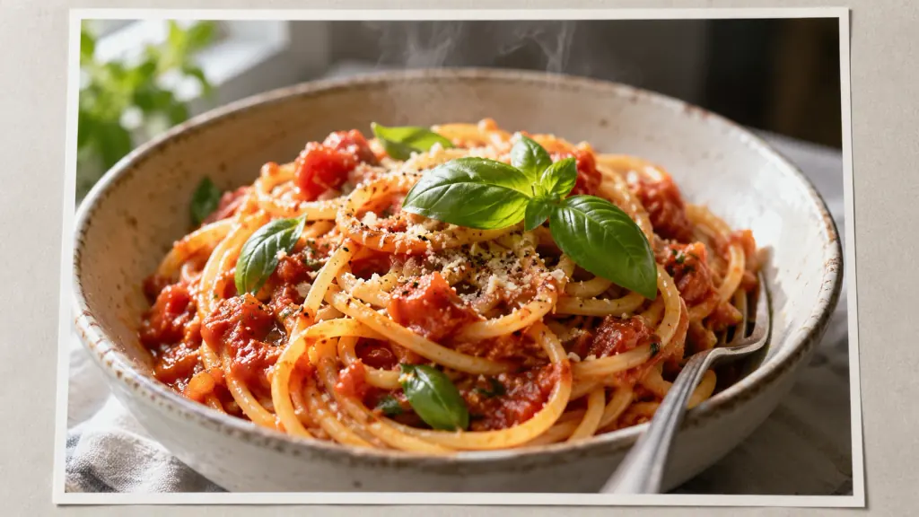 Fotodruck mit einer Nahaufnahme von Spaghetti, Tomatensauce und Basilikum.