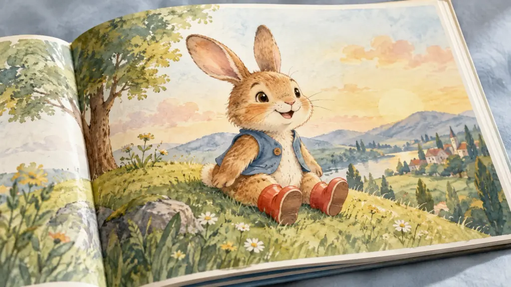 Geöffnetes Kinderbuch mit einem Aquarellhasen in blauer Weste und roten Stiefeln.