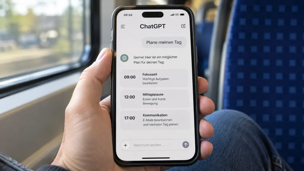 Illustrative Smartphoneansicht eines ChatGPT-Tagesplans während einer Zugfahrt.