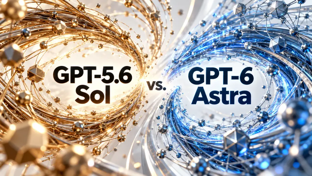 GPT-5.6 Sol vs. GPT-6 Astra, umgeben von dynamischen goldenen und blauen vernetzten Strukturen.