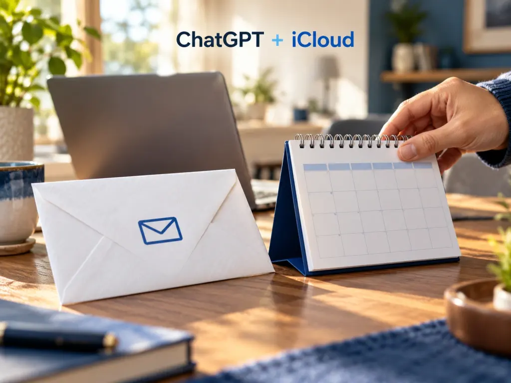 Ein Briefumschlag und ein Tischkalender neben einem Laptop; darüber steht „ChatGPT + iCloud“.