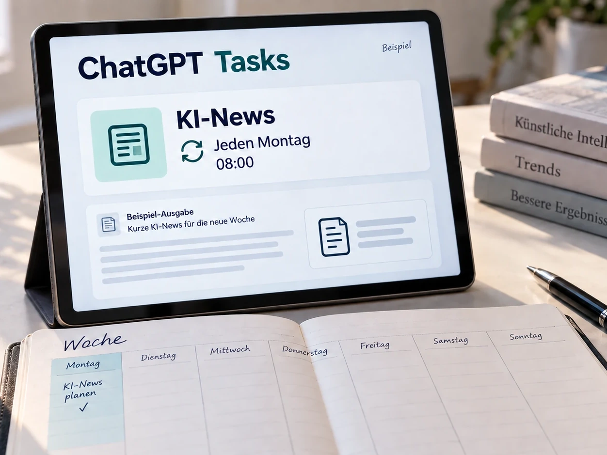 Tablet mit einem Beispiel für den wiederkehrenden ChatGPT-Auftrag KI-News, jeden Montag um 08:00, neben einem Wochenplaner.