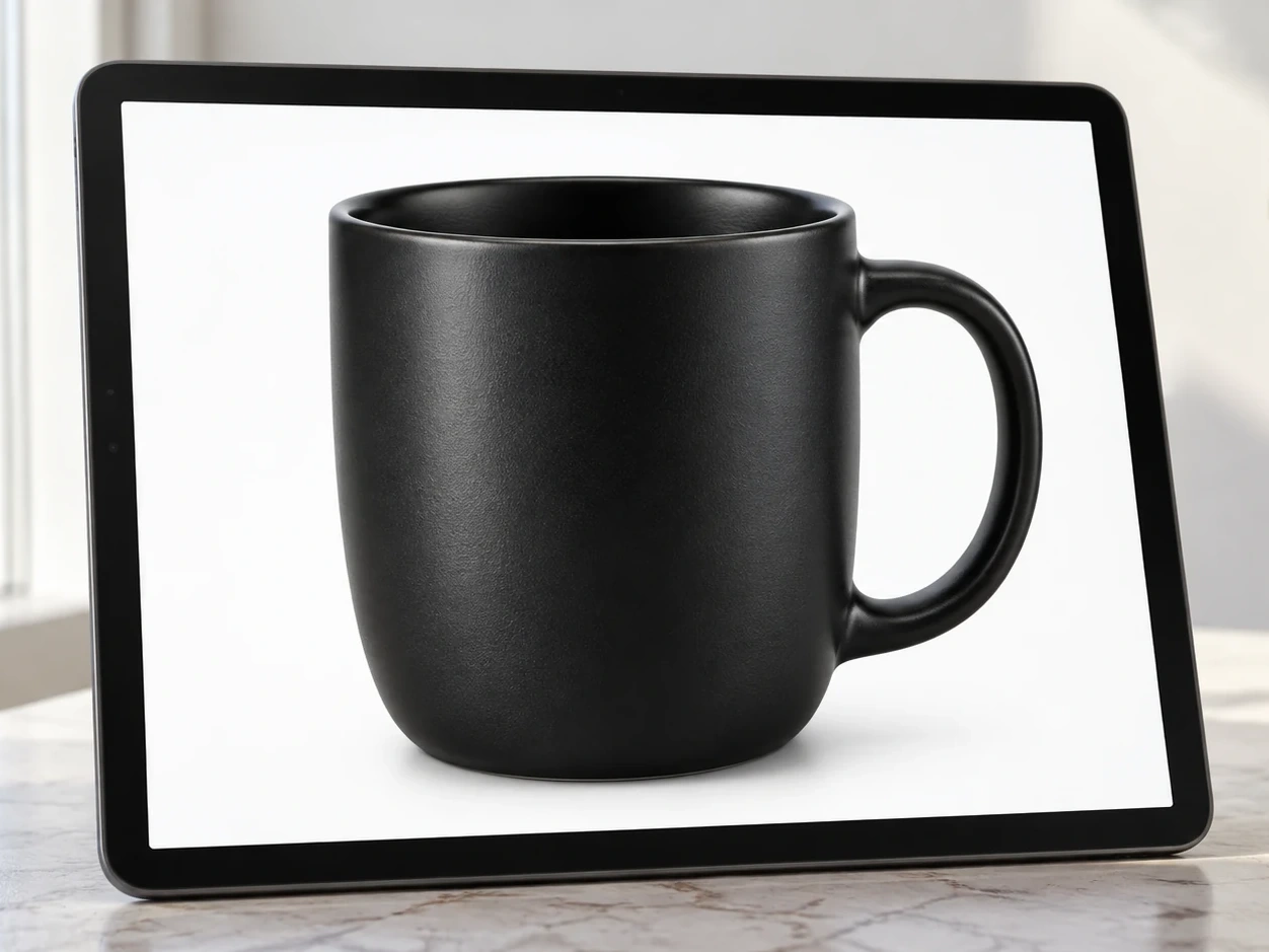 Tablet mit einem freigestellten Packshot einer mattschwarzen Keramiktasse vor weißem Hintergrund.
