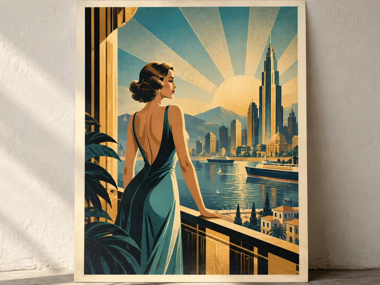 Fotografisch präsentierter Art-déco-Posterentwurf einer Frau auf einer Terrasse vor einer Stadt.