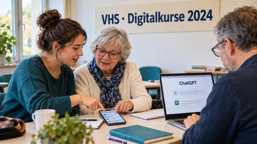 Fiktive VHS-Praxisrunde mit Erwachsenen, Smartphone und Notebook zur historischen Kursankündigung für 2024.