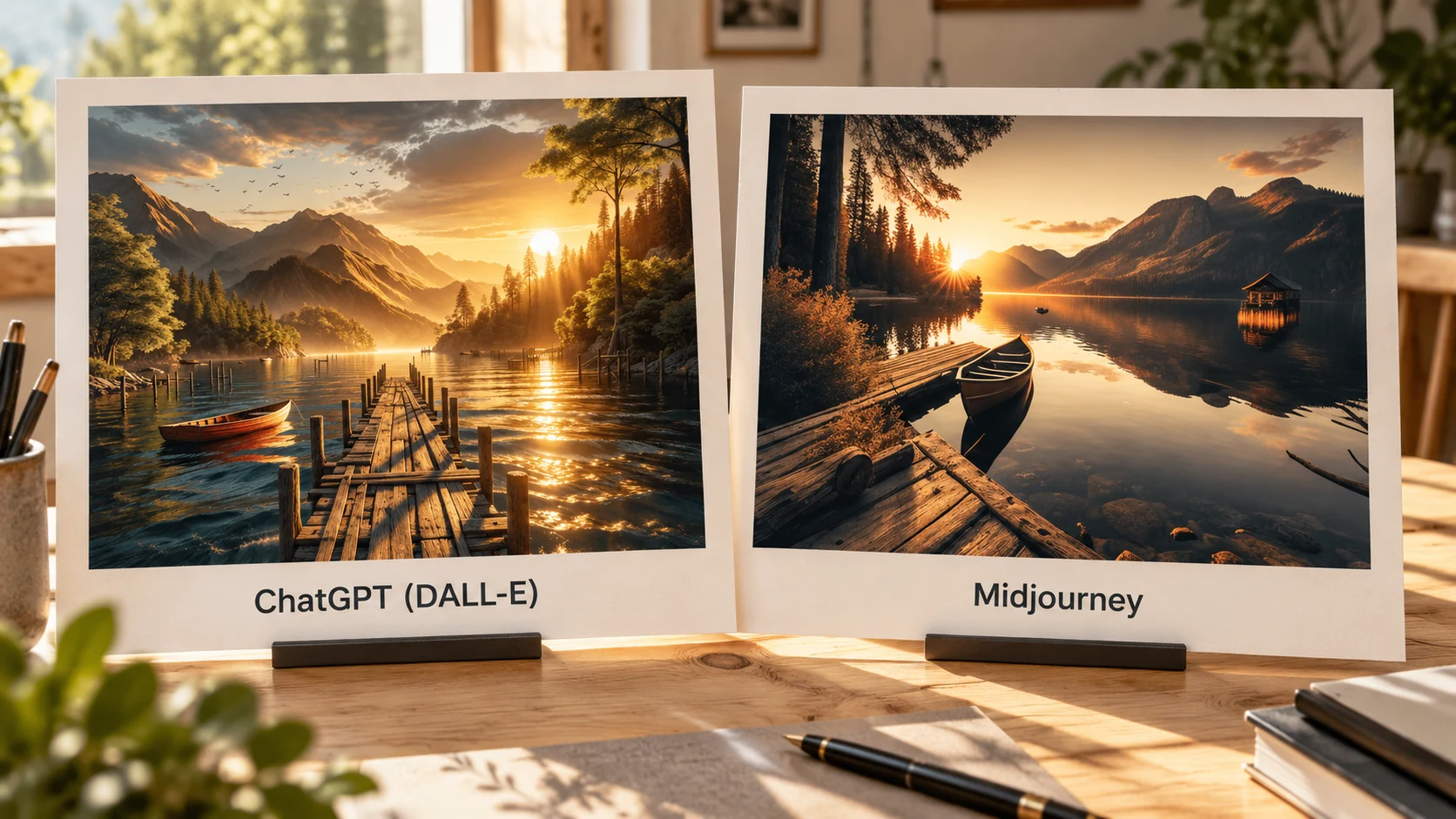 Vergleich Midjourney vs. ChatGPT(DALL-E): Sonnenuntergang am See