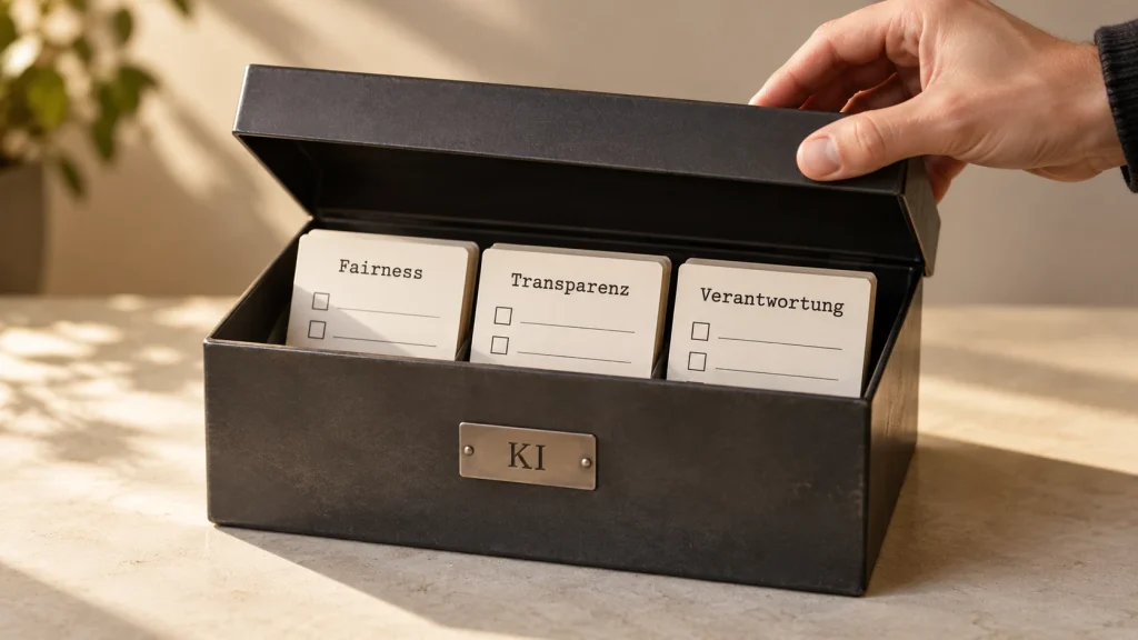 Eine Hand öffnet eine schwarze Box mit der Aufschrift KI; darin stehen Karten zu Fairness, Transparenz und Verantwortung.