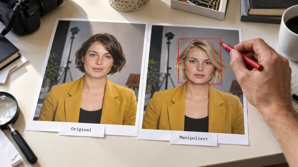 Zwei fiktive Videostandbilder zeigen bei gleicher Kleidung und Umgebung unterschiedliche Gesichter; rechts ist der Gesichtswechsel markiert.