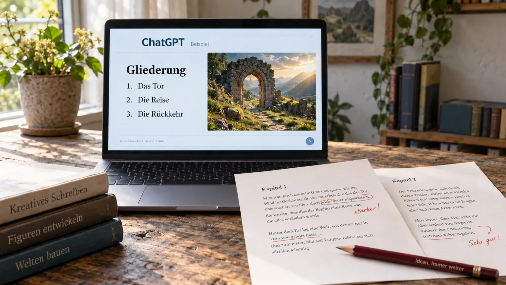 Heller Schreibarbeitsplatz mit ChatGPT-Kapitelgliederung und überarbeitetem Fantasy-Manuskript.