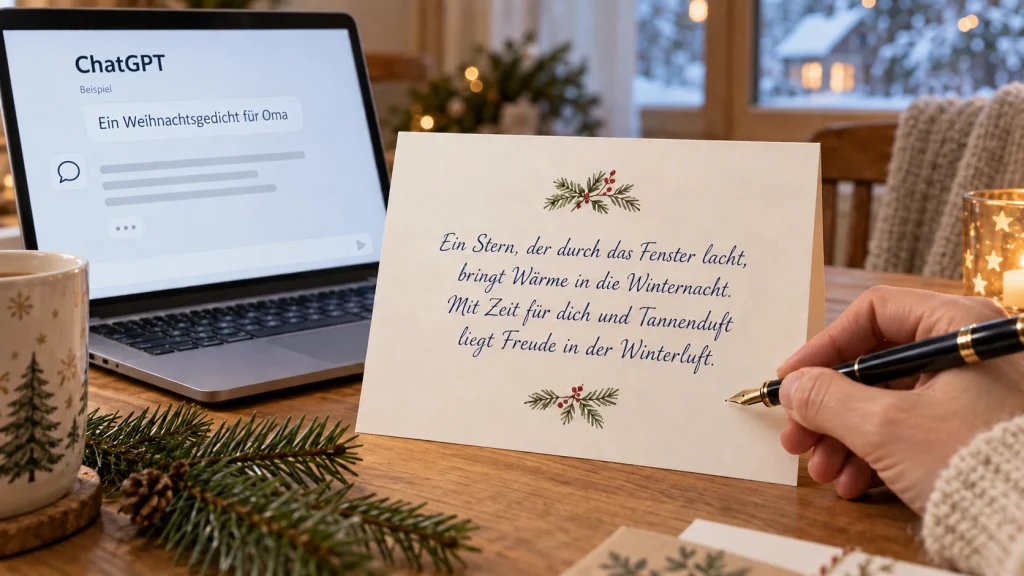 Persönliche Weihnachtskarte mit einem Gedicht neben einem beispielhaften ChatGPT-Auftrag für ein Gedicht für Oma.