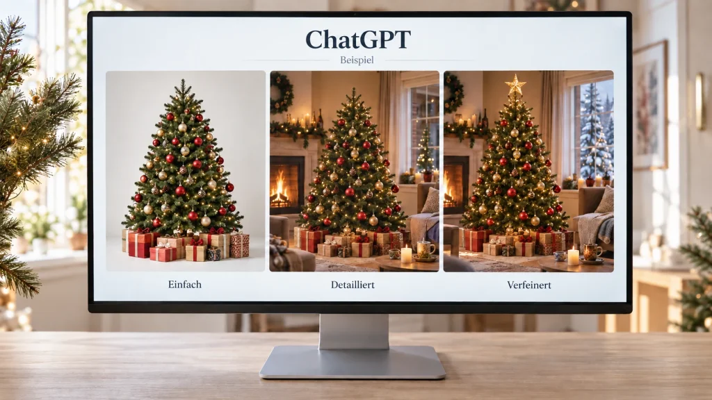 Monitor mit drei Weihnachtsbaum-Bildvarianten von schlicht bis detailreich.