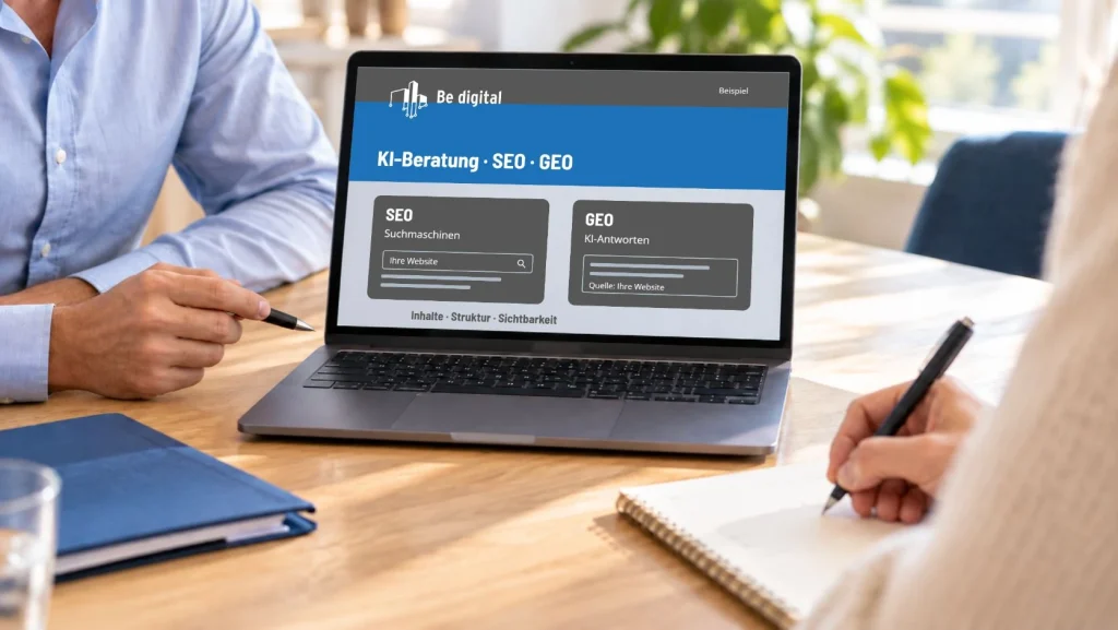 Beratung am Notebook mit dem Original-Logo von Be digital und einer Beispielansicht zu KI, SEO und GEO.