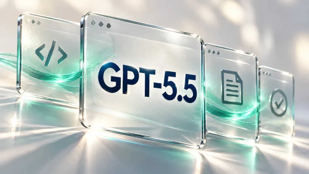 Symbolgestaltung mit GPT-5.5 und transparenten Flächen für Code, Dokumente und Prüfung.