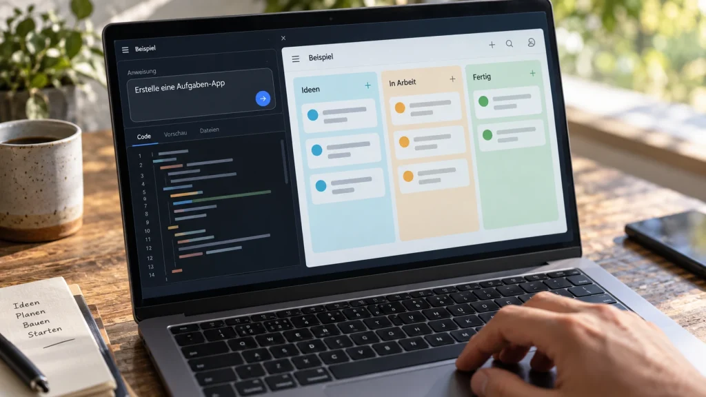 Notebook mit einer Beispielanweisung zur Aufgaben-App, Code und einer Kanban-Vorschau.