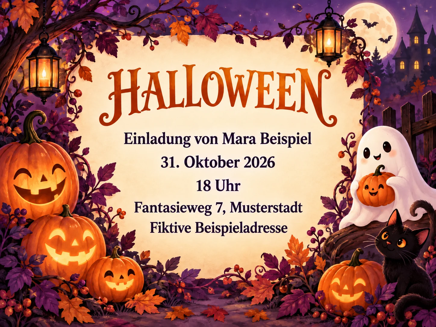 Überarbeitete Halloween-Musterkarte ohne Herz unter der Überschrift; Name, Datum, Uhrzeit und fiktive Adresse stehen in größerer dunkler Schrift auf hellem Hintergrund.