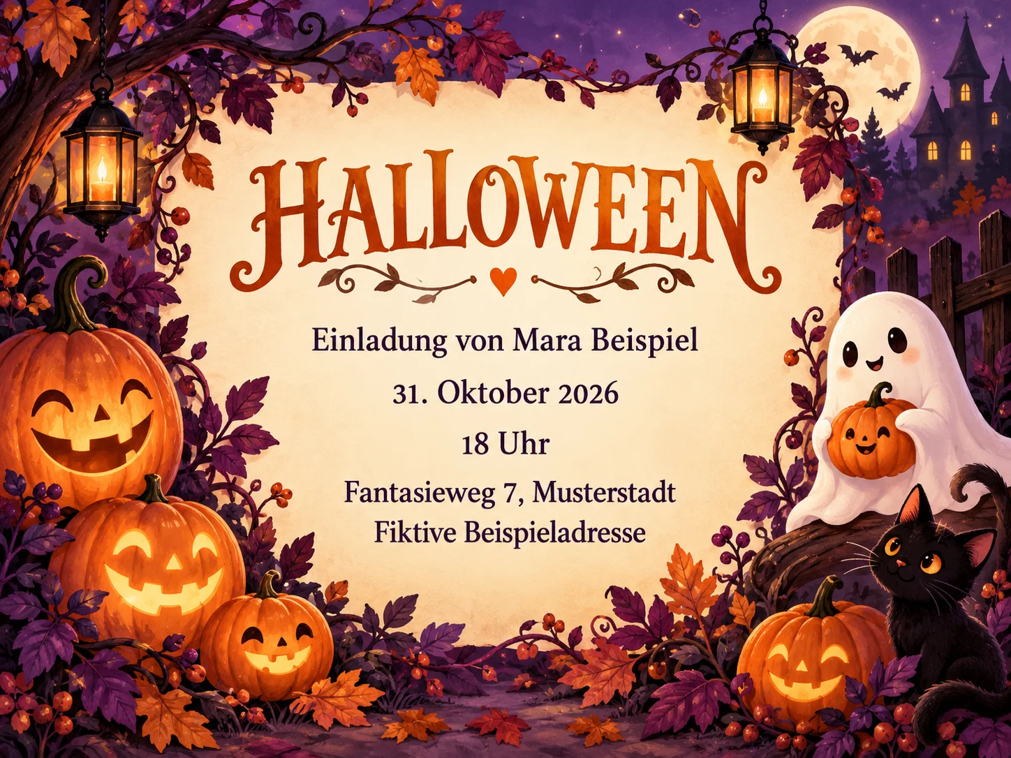 Halloween-Musterkarte mit Kürbissen, freundlichem Gespenst und sechs Veranstaltungszeilen; unter der Überschrift steht ein zusätzliches orangefarbenes Herz.