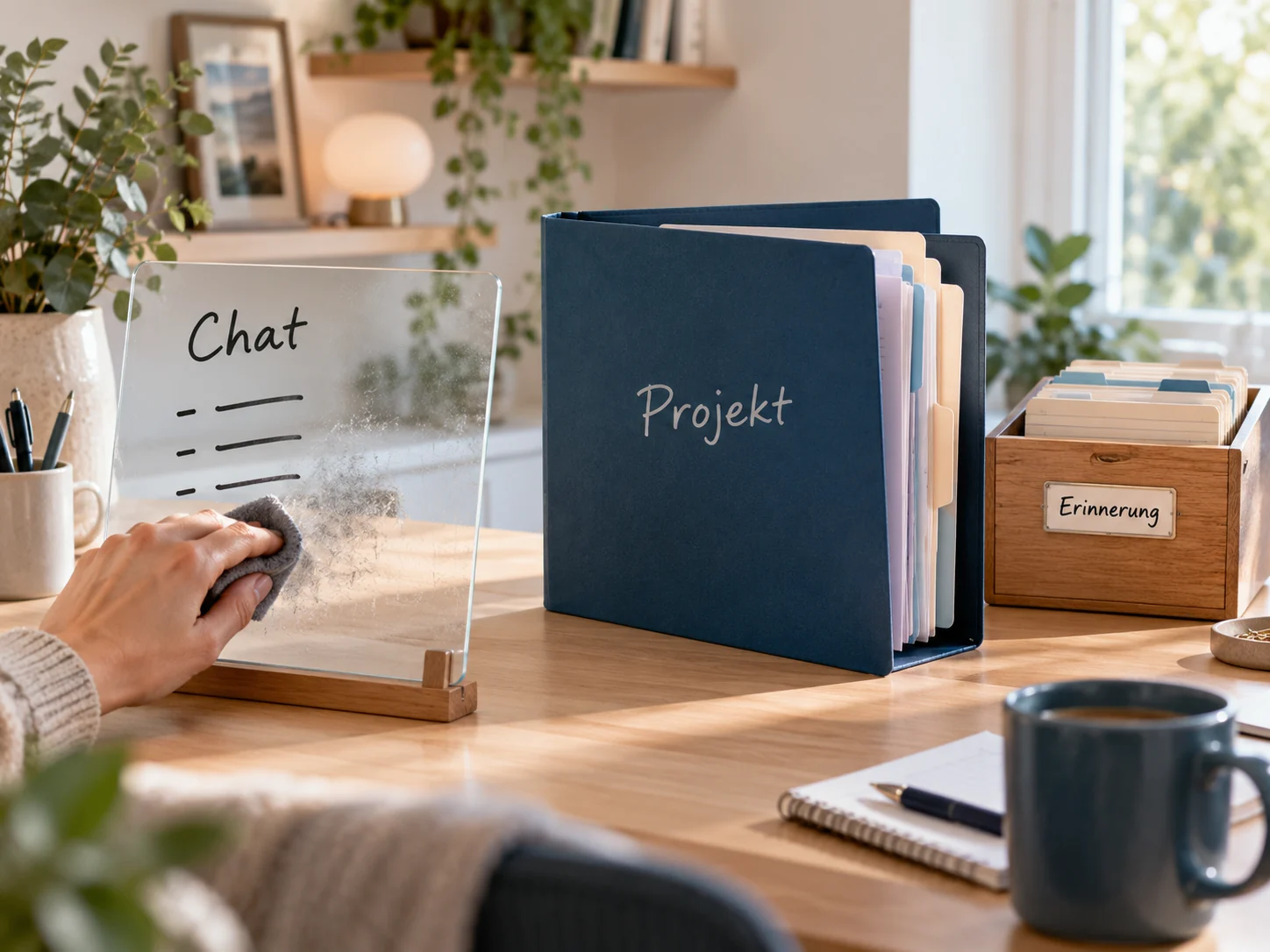 Eine abwischbare Chatnotiz, eine Projektmappe und ein Erinnerungskasten stehen als unterschiedliche Ablageformen nebeneinander.