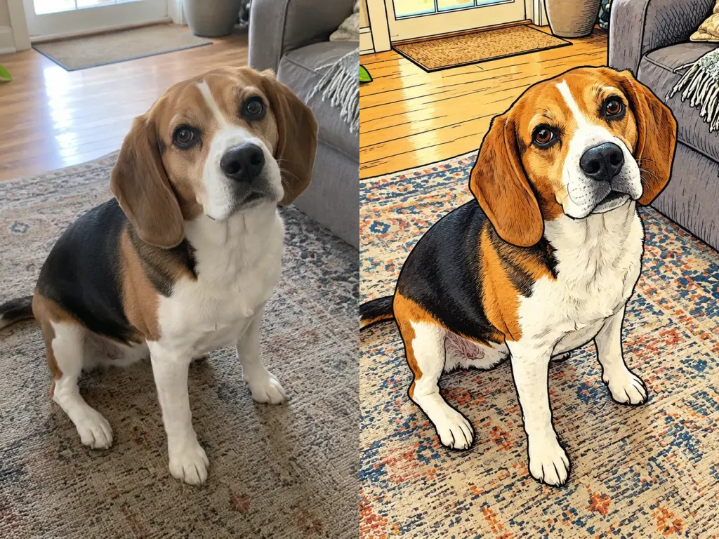Gegenüberstellung desselben KI-Beispielbeagles als alltägliches fotografisches Ausgangsbild und Comiczeichnung.