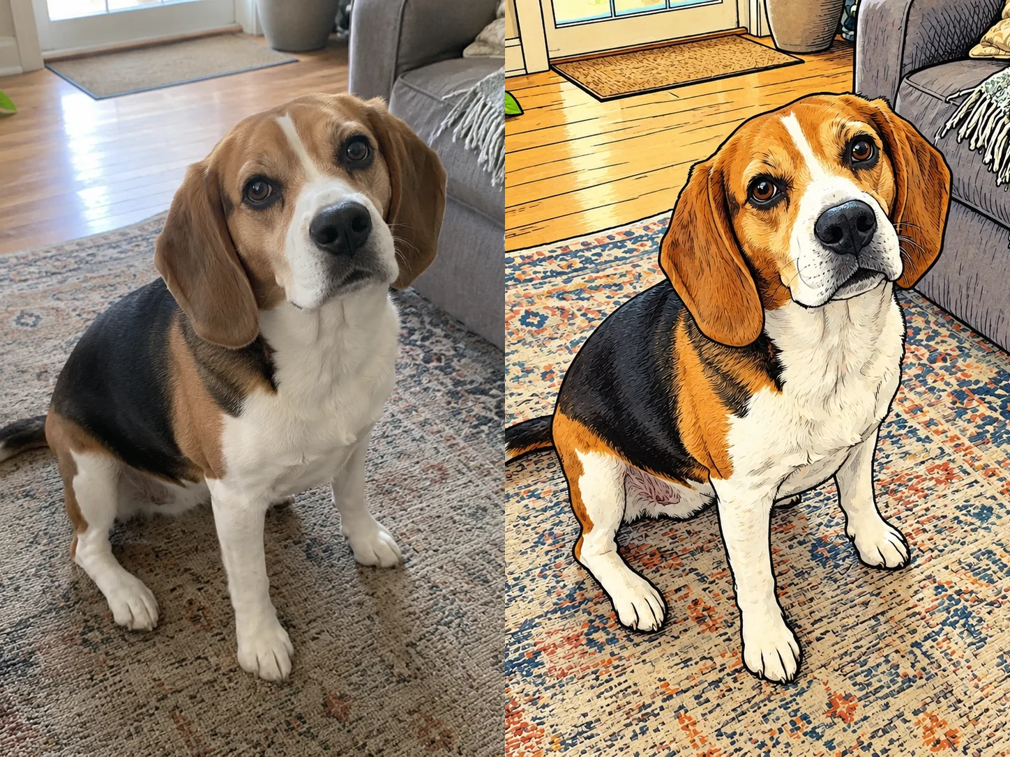 Gegenüberstellung desselben KI-Beispielbeagles als alltägliches fotografisches Ausgangsbild und Comiczeichnung.