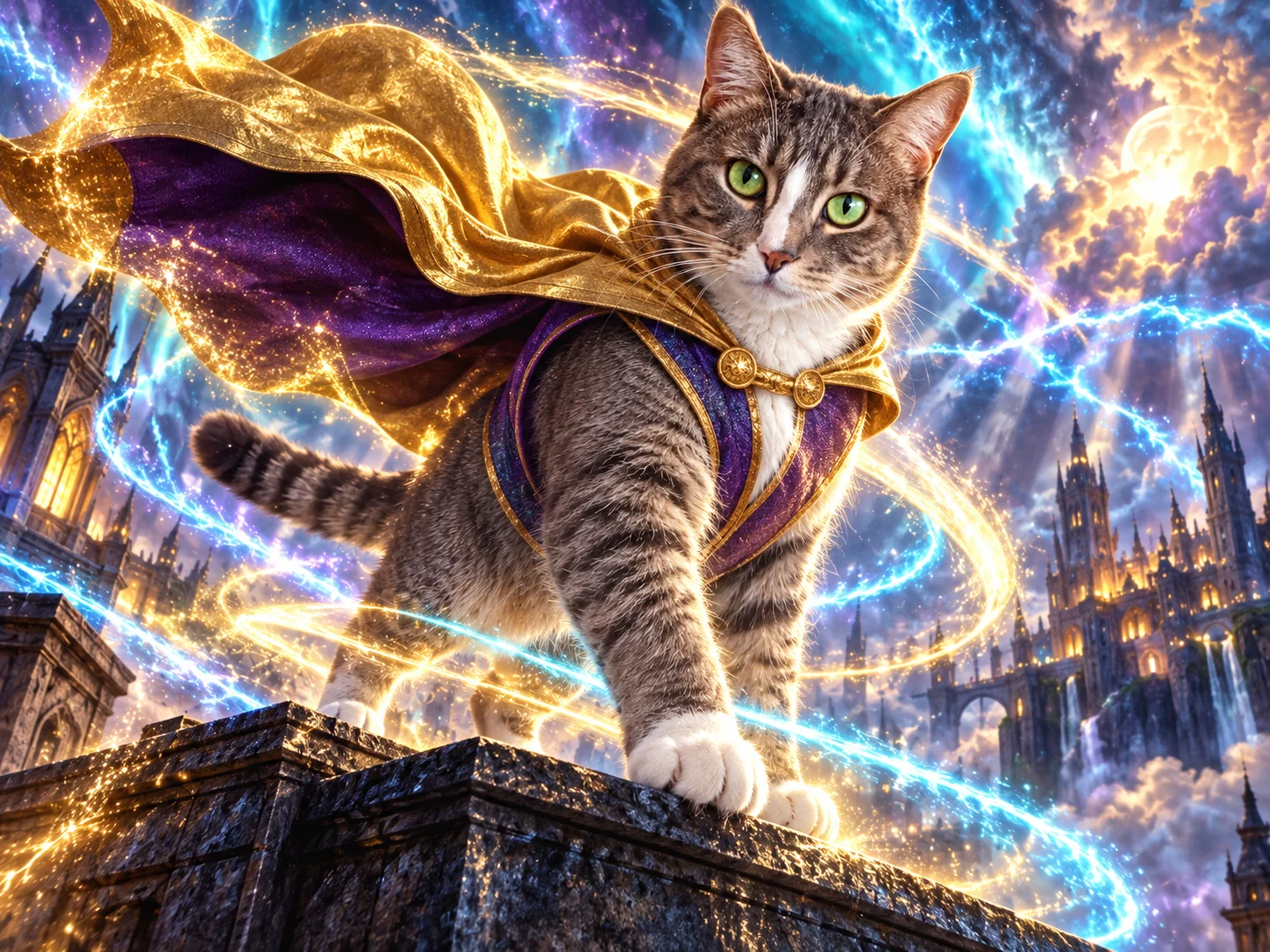 Getigerte Katze mit langem goldenem Umhang auf einer Dachkante, umgeben von leuchtenden Ringen und Blitzen.