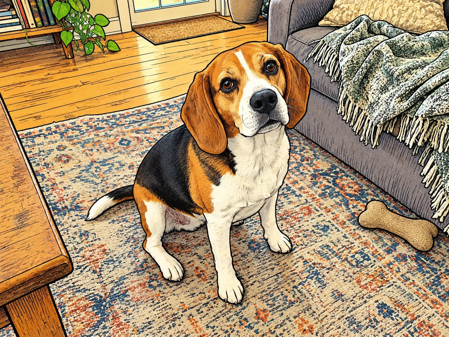 Comicbearbeitung des Beagles auf demselben Wohnzimmerteppich mit kräftigen Konturen und gezeichneten Stoffflächen.