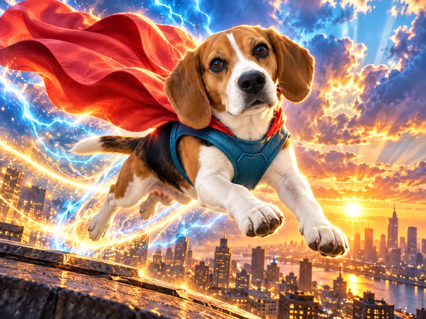 Beagle mit großem rotem Umhang springt über einer Stadt durch leuchtende Energiebahnen und Blitze.