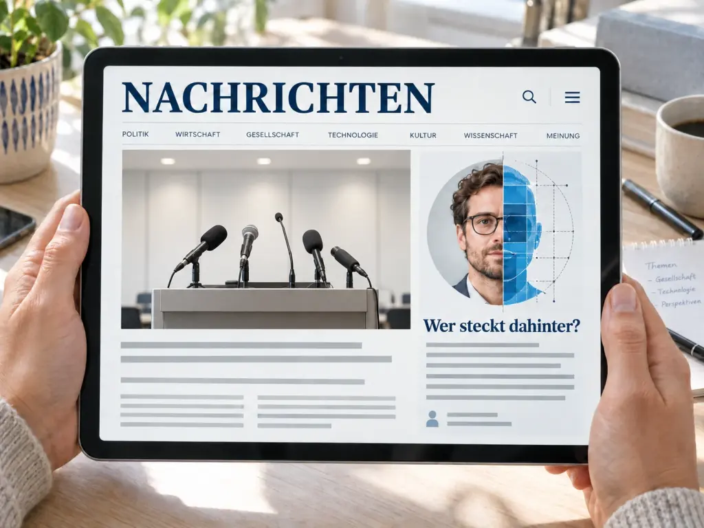 Hände halten ein Tablet mit einer fiktiven Nachrichtenseite, neutralen Presse-Mikrofonen und einem halb fotografischen, halb künstlich konstruierten Autorenporträt.