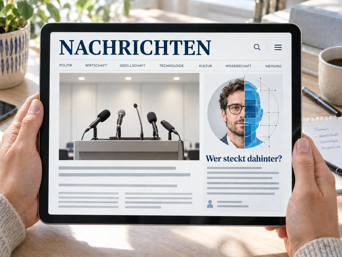 Hände halten ein Tablet mit einer fiktiven Nachrichtenseite, neutralen Presse-Mikrofonen und einem halb fotografischen, halb künstlich konstruierten Autorenporträt.