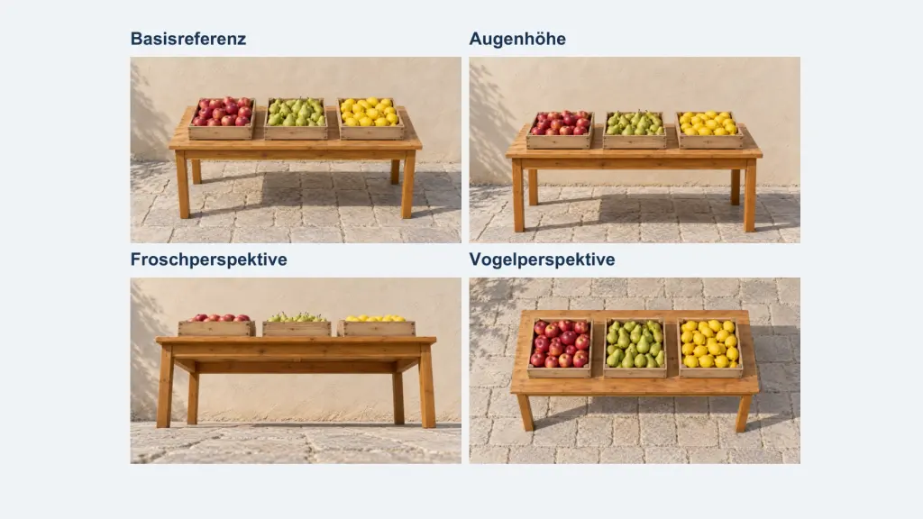 Ein Marktstand mit drei Obstkisten als Basisreferenz sowie aus Augenhöhe, niedriger und hoher Perspektive.