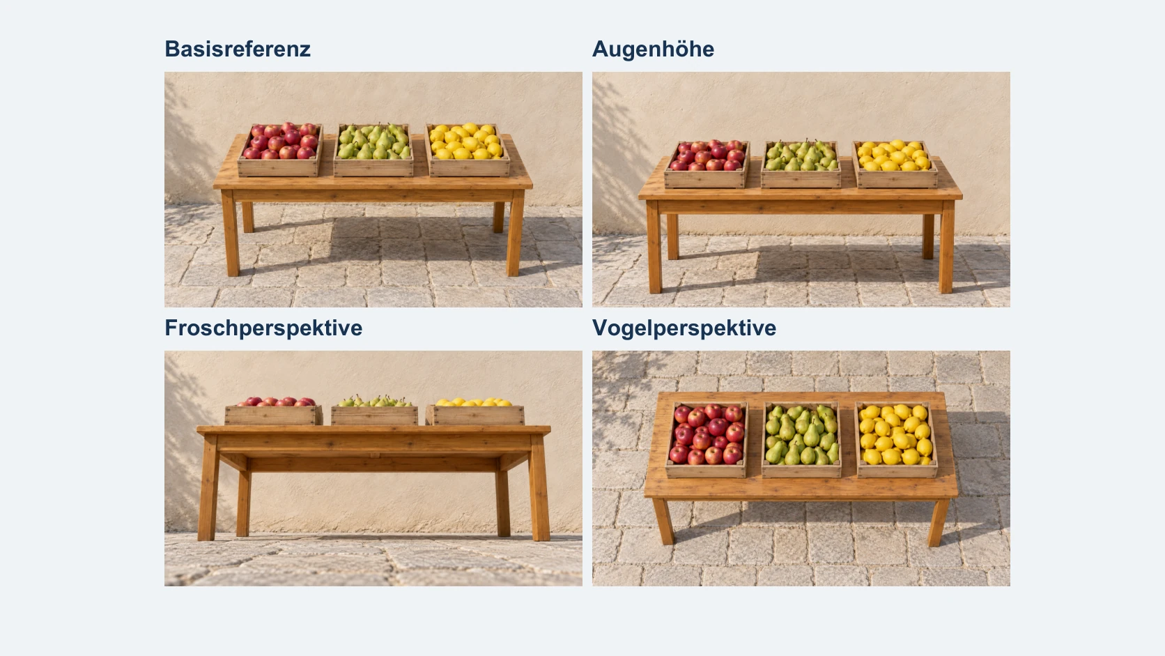 Ein Marktstand mit drei Obstkisten als Basisreferenz sowie aus Augenhöhe, niedriger und hoher Perspektive.