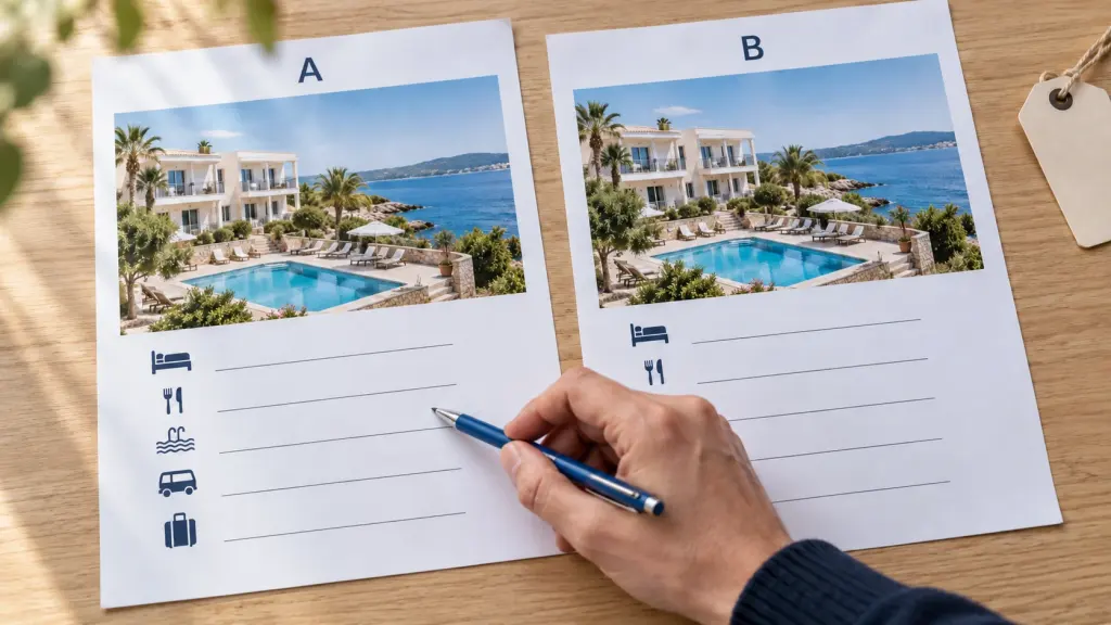 Eine Hand vergleicht mit einem Stift zwei Reiseunterlagen mit Hotelmotiven und Leistungszeilen.